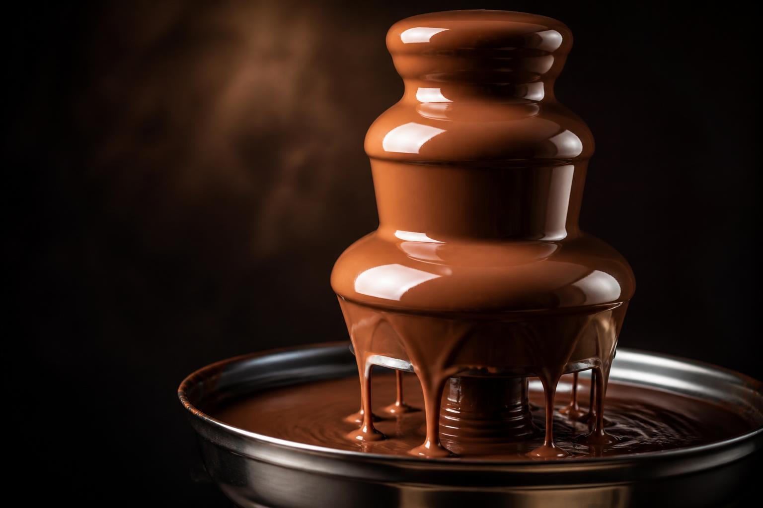 Glossy chocolate fountain cascading milk chocolate